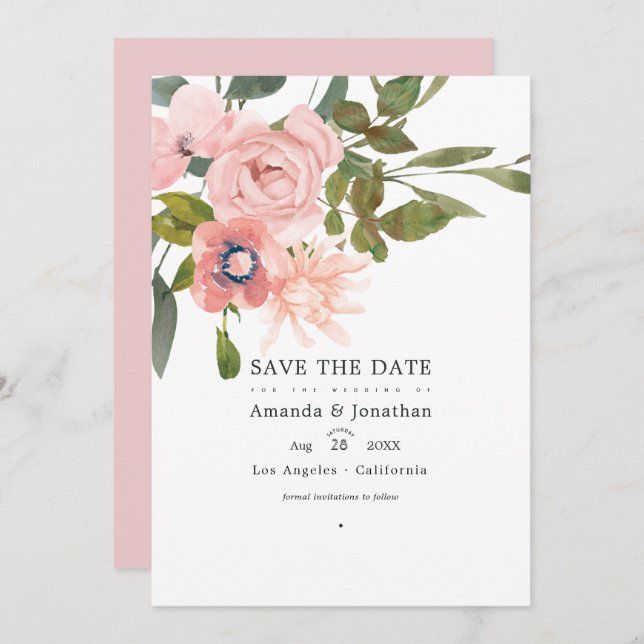 Rose Gold and Blush Pink Floral Wedding Photo Save The Date (Front/Back)
