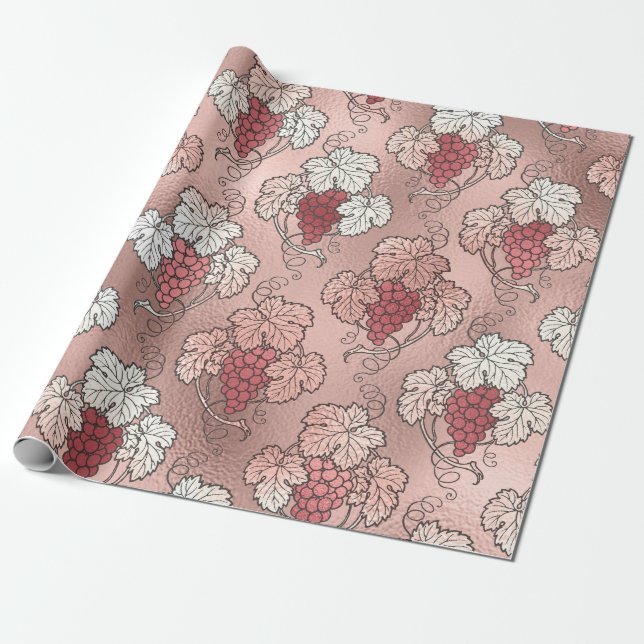 Rose Gold and Blush Pink French Wine themed Wrapping Paper (Unrolled)