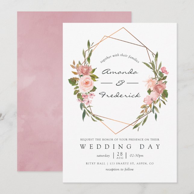Rose Gold and Blush Pink Geometric Wedding Invitation (Front/Back)