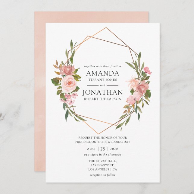 Rose Gold and Blush Pink Geometric Wedding Invitation (Front/Back)