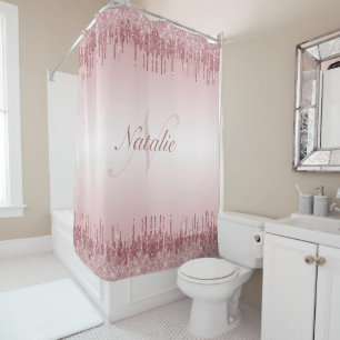 Rose gold and blush pink monogram shower curtain