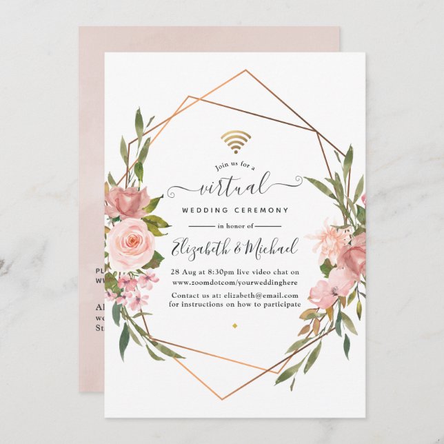 Rose Gold and Blush Pink Online Virtual Wedding Invitation (Front/Back)