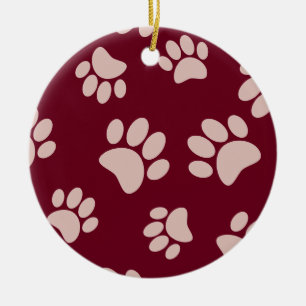 Rose Gold And Burgundy Colour Dog Paw Pattern Ceramic Ornament