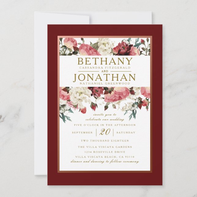 Rose Gold and Burgundy Floral Wedding Invitation (Front)