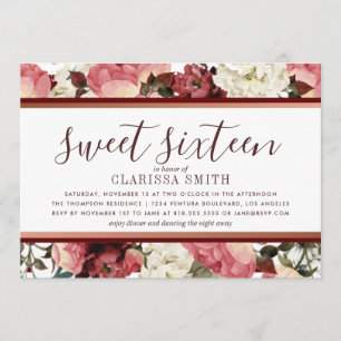 Rose Gold and Burgundy Flowers Sweet Sixteen Invitation