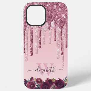 Rose Gold and Burgundy Glitter Drips Monogrammed iPhone 12 Pro Max Case