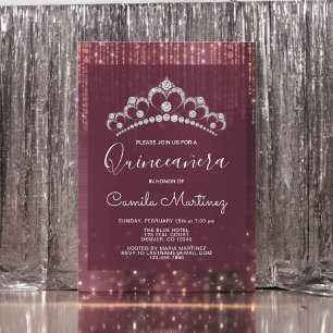 Rose Gold and Burgundy Quinceanera with Tiara Invitation
