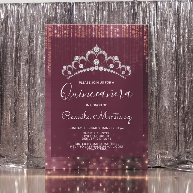 Rose Gold and Burgundy Quinceanera with Tiara Invitation (Creator Uploaded)