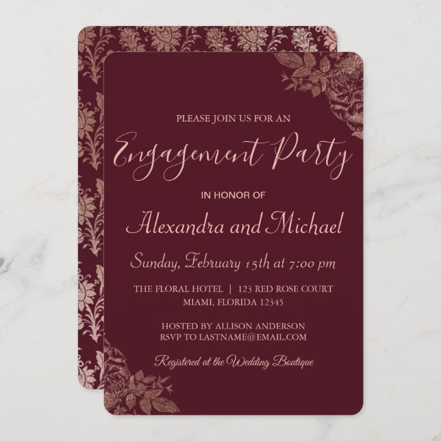 Rose Gold and Burgundy Roses Engagement Party Invitation (Front/Back)