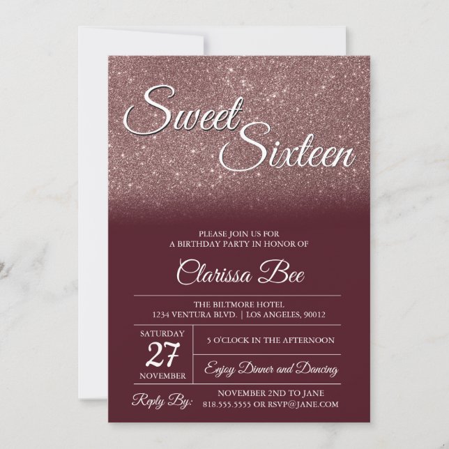 Rose Gold and Burgundy Sweet Sixteen Invitation (Front)