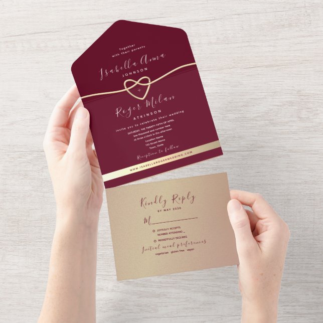 Rose Gold and Burgundy Wedding All In One Invitation (Tearaway)