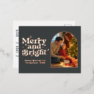 Rose Gold and Charcoal Merry & Bright Retro Xmas Foil Holiday Postcard
