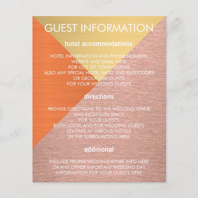 Rose Gold And Copper Modern Wedding Info Insert Flyer (Front)