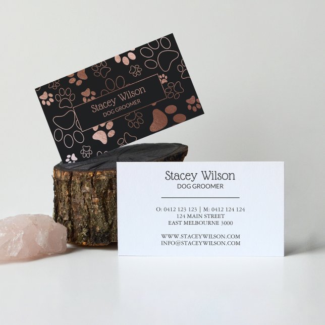 Rose Gold And Dark Charcoal Pet Groomer Paw Print Business Card (Creator Uploaded)