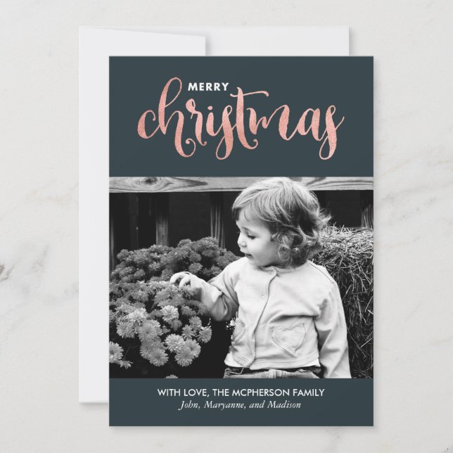 Rose Gold and Dark Teal Christmas Photo Cards (Front)
