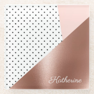 Rose Gold and Dots Glass Coaster