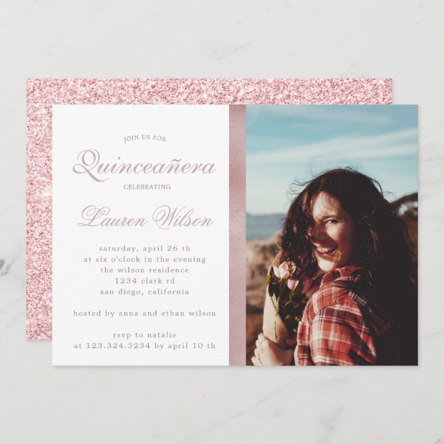 Rose Gold and glitter Quinceanera Photo Invitation (Front/Back)