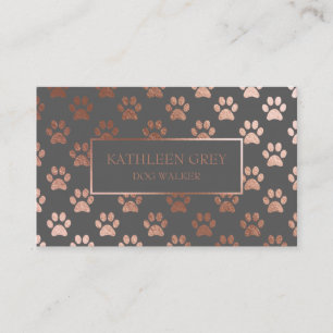 Rose Gold And Grey Paw Print Pattern Dog Walker Business Card