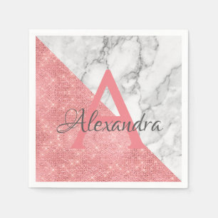 Rose Gold and Marble Elegant Monogram Birthday Napkin