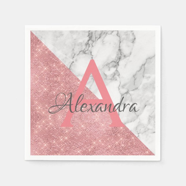 Rose Gold and Marble Elegant Monogram Birthday Napkin (Front)