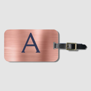 Rose Gold and Navy Blue Brushed Metal Monogram Luggage Tag