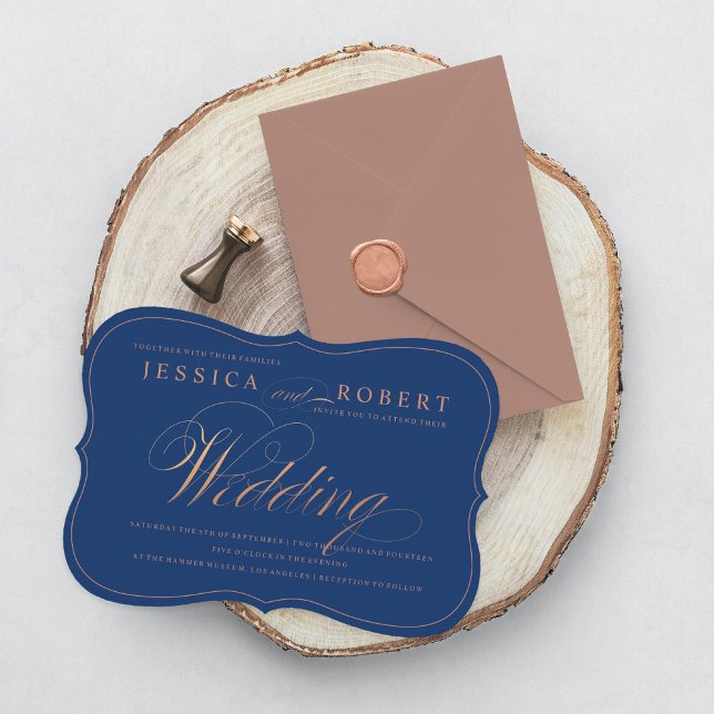 Rose Gold and Navy Blue Elegant Script Wedding Invitation (Creator Uploaded)