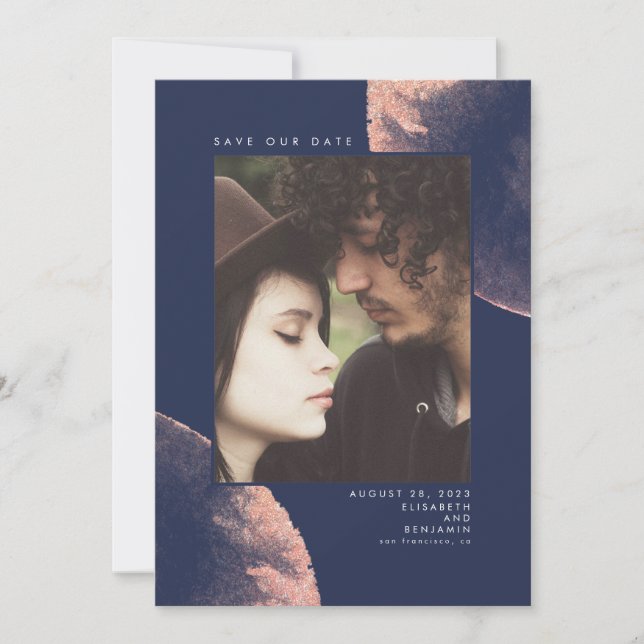 Rose Gold and Navy Blue Save the Date Photo (Front)