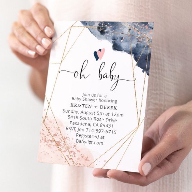 Rose Gold and Navy Blue Watercolor Baby Shower Invitation (Creator Uploaded)