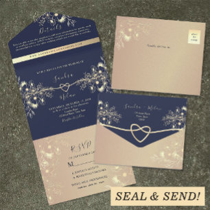 Rose Gold and Navy Blue Wedding All In One Invitation