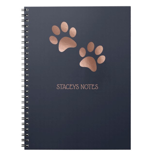 Rose Gold And Navy Paw Print Pattern Personalised Notebook (Front)