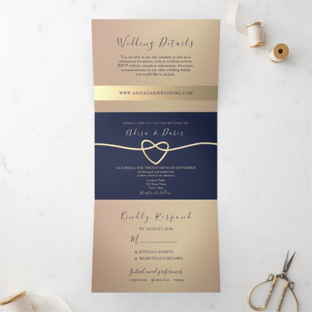 Rose Gold and Navy Wedding Tri-Fold Invitation (Inside)