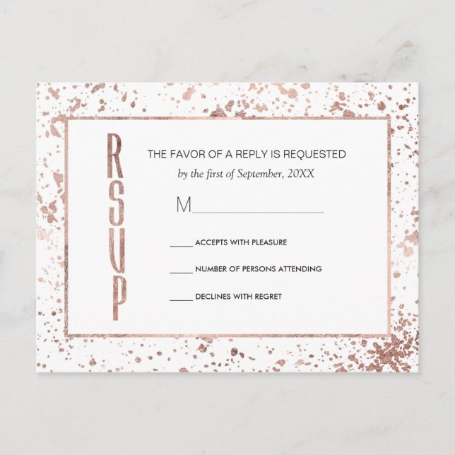 Rose Gold and Paint Splatters RSVP Postcards (Front)