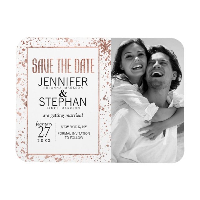 Rose Gold and Paint Splatters Save the Date Magnet (Horizontal)