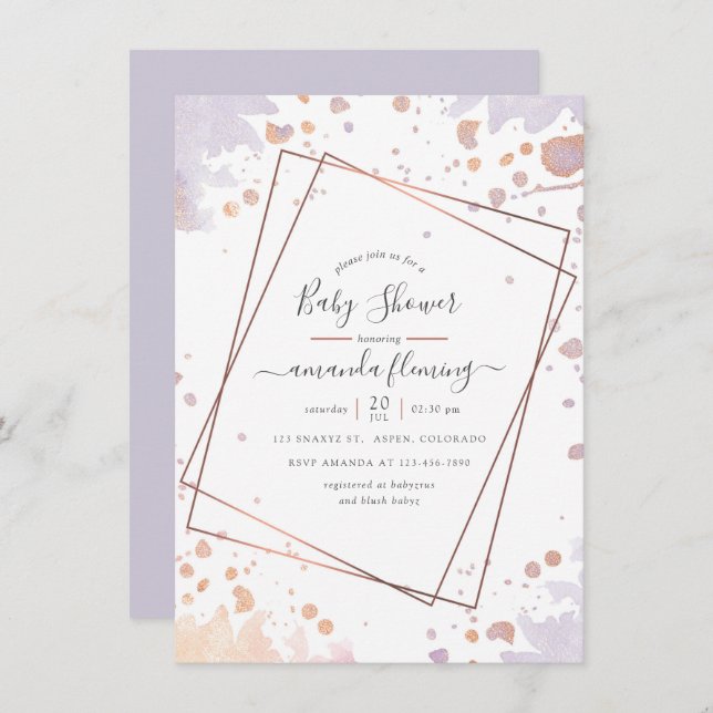 Rose Gold and Pastel Purple Geometric Baby Shower Invitation (Front/Back)