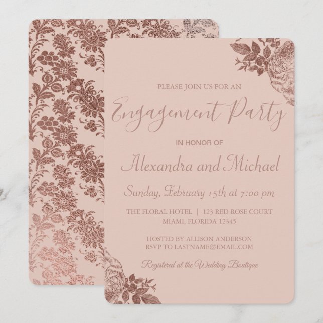 Rose Gold and Pink Blush Roses Engagement Party Invitation (Front/Back)