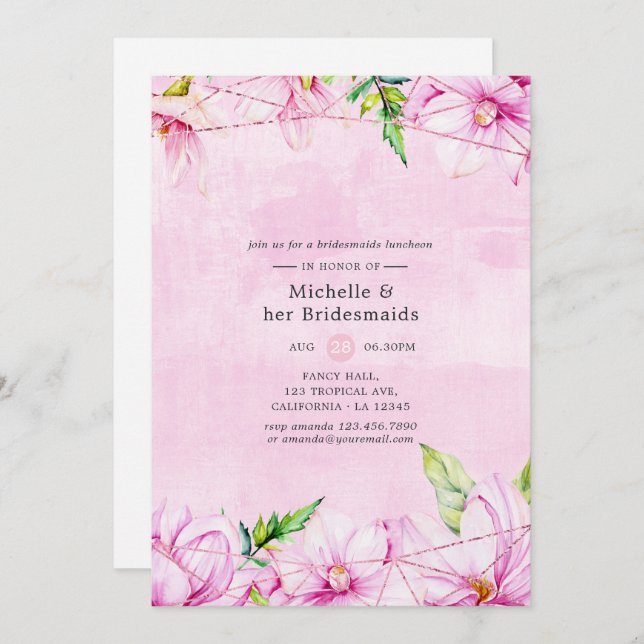 Rose Gold and Pink Floral Bridesmaids Luncheon Invitation (Front/Back)