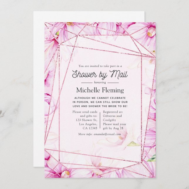 Rose Gold and Pink Floral Geometric Shower by Mail Invitation (Front/Back)