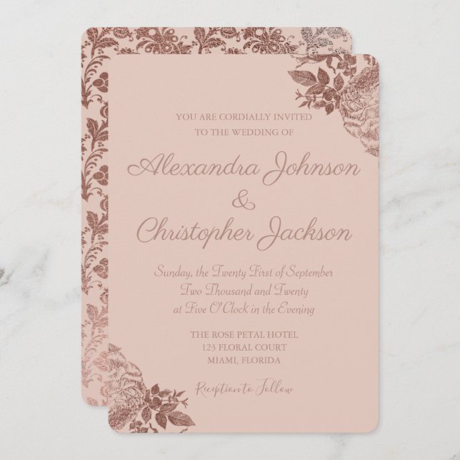 Rose Gold and Pink Foil Floral Roses Wedding Invitation (Front/Back)