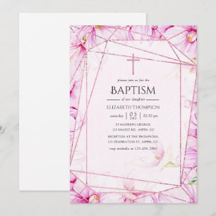 Rose Gold and Pink Magnolia Geometric Baptism Invitation