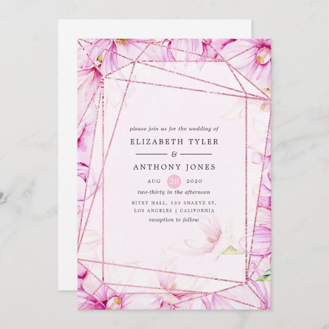 Rose Gold and Pink Magnolia Geometric Wedding Invitation (Front/Back)