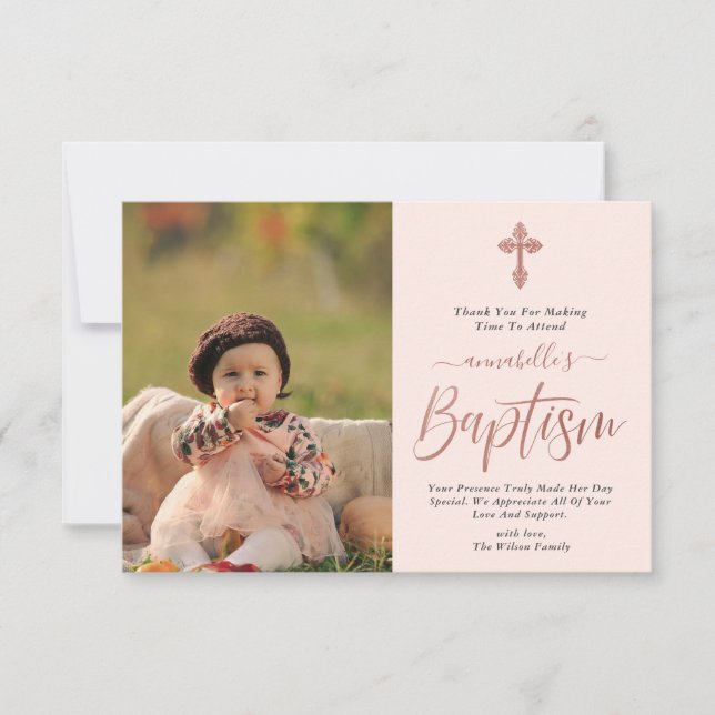 Rose Gold And Pink Photo Girl Baptism  Thank You Card (Front)