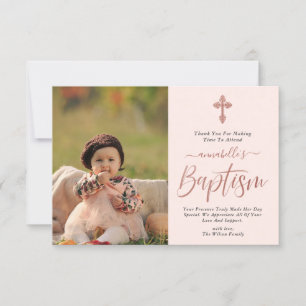 Rose Gold And Pink Photo Girl Baptism  Thank You Card