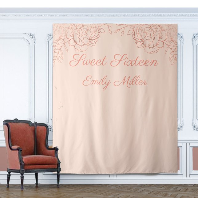 Rose Gold and Pink Sweet 16 Photo Booth Backdrop Tapestry (Creator Uploaded)