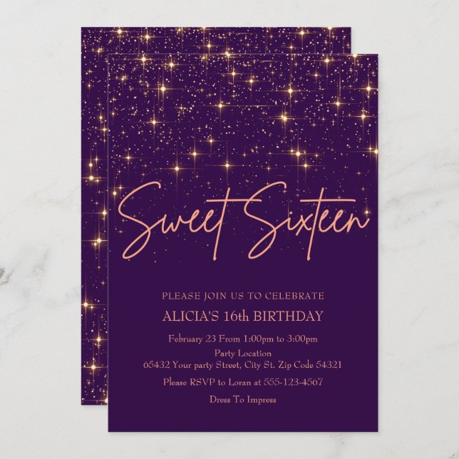 Rose Gold and Purple Sweet 16 Invitation (Front/Back)
