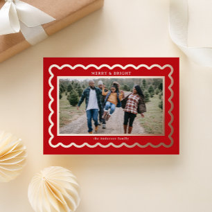 Rose Gold and Red Preppy Scallop Photo Frame Foil Holiday Card