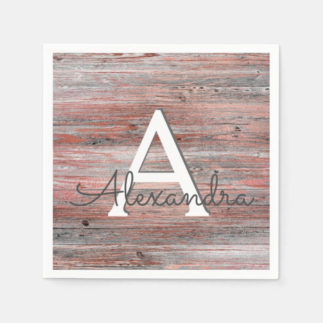 Rose Gold and Rustic Wood Monogram Birthday Napkin (Front)