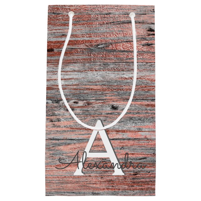 Rose Gold and Rustic Wood Monogram & Initial Small Gift Bag (Front)