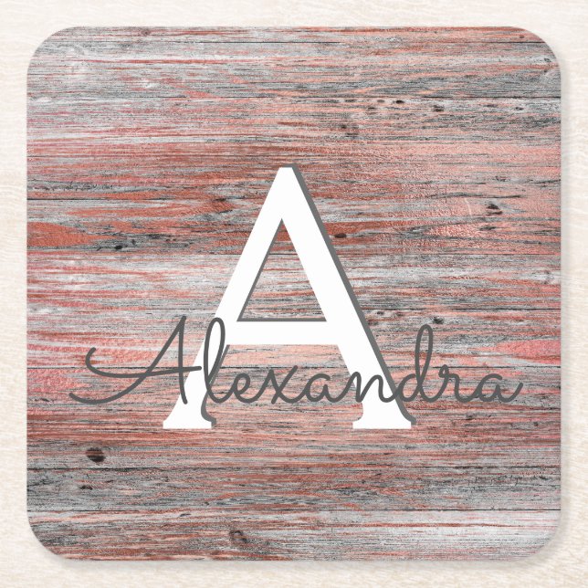 Rose Gold and Rustic Wood Monogram & Initial Square Paper Coaster (Front)