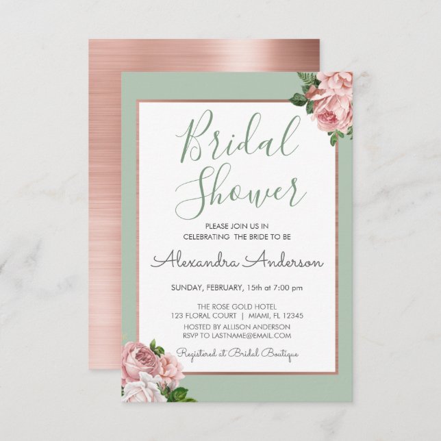Rose Gold and Sage Floral Bridal Shower Invitation (Front/Back)