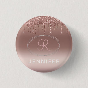Rose Gold and Silver Glitter Monogram  3 Cm Round Badge